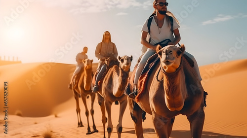 Happy Tourist Embracing the Thrill of a Group Camel Ride Tour in the Vast Sands A Tale of Travel, Lifestyle, Vacation Activities, and Adventurous Exploration © Asiri