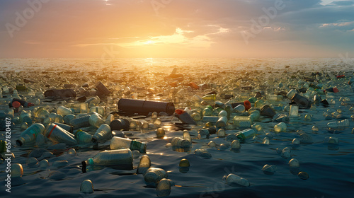 Lot plastic garbage floating on the water. Environment and ocean pollution concept.
