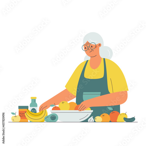 Senior woman standing at the kitchen counter preparing groceries for cooking. Flat style character vector illustration.