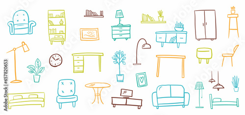 Vector collection of various furniture and interior items, hand-drawn in the style of doodles