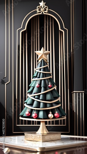Moderner Hintergrund für Weihnachten. 3D Weihnachtsbaum mit Goldenen Ornamenten und Weihnachtskugeln.