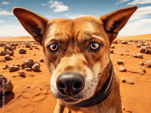 Close-up portrait of a wild dingo dog. Detailed image of a muzzle. Wild animal looking at something. Illustration with distorted fisheye effect. Design for cover, card, postcard, decor or print. photo