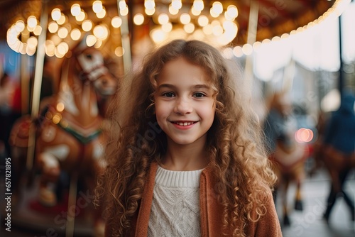 Cute and happy young girl with a beaming smile enjoying a summer day at an amusement park with a joyful expression on her face.