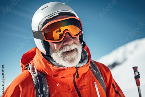 An elderly handsome man enjoys the winter sport of skiing among a beautiful mountain landscape.