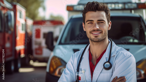 a Smiling young male doctor looking at camera and arm crossed front of ambulance ready to handle emergencies and treat patients.generative ai photo