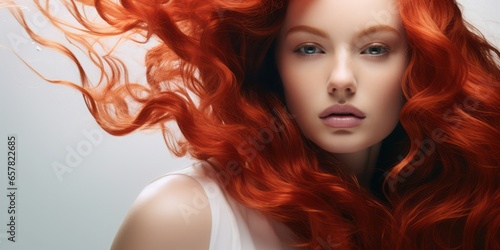 Radiant Waves: The Bold Elegance of Fiery Red Hair on a White Canvas