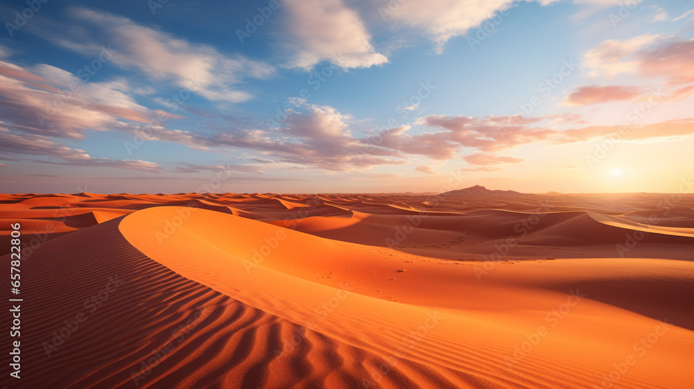 photograph of Beautiful sand dunes in the Sahara desert. wide angle lens sunset lighting generative ai - obrazy, fototapety, plakaty 