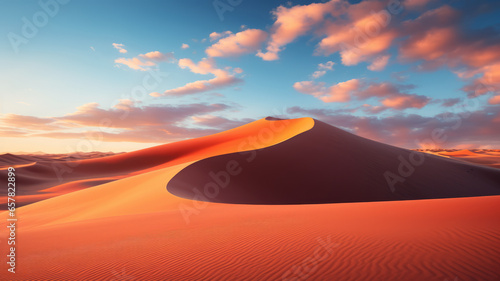 photograph of Beautiful sand dunes in the Sahara desert. wide angle lens sunset lighting generative ai