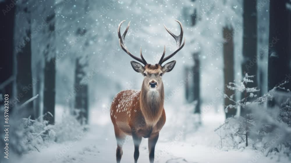 Deer in the winter forest and falling snow. Deer in the winter forest and falling snow.