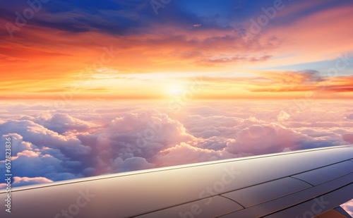 Witnessing a magnificent sunset above a sea of clouds, with captivating light, from the vantage point of an airplane's cabin..
