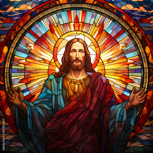 Jesus Christ Stained glass window in a Church. Generative ai. 