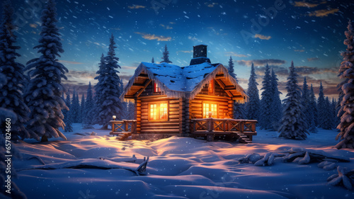 this small log cabin is snow covered at twilight blue sky,generative ai