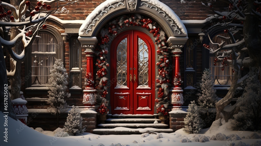 Generative AI, Front door with Christmas decoration, wreath and garland. Red and grey colors	