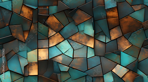 Seamless Triangle Mosaic Copper Texture with Verdigris Patina photo