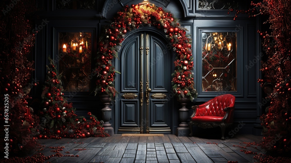 Generative AI, Front door with Christmas decoration, wreath and garland. Red and grey colors	 - obrazy, fototapety, plakaty 