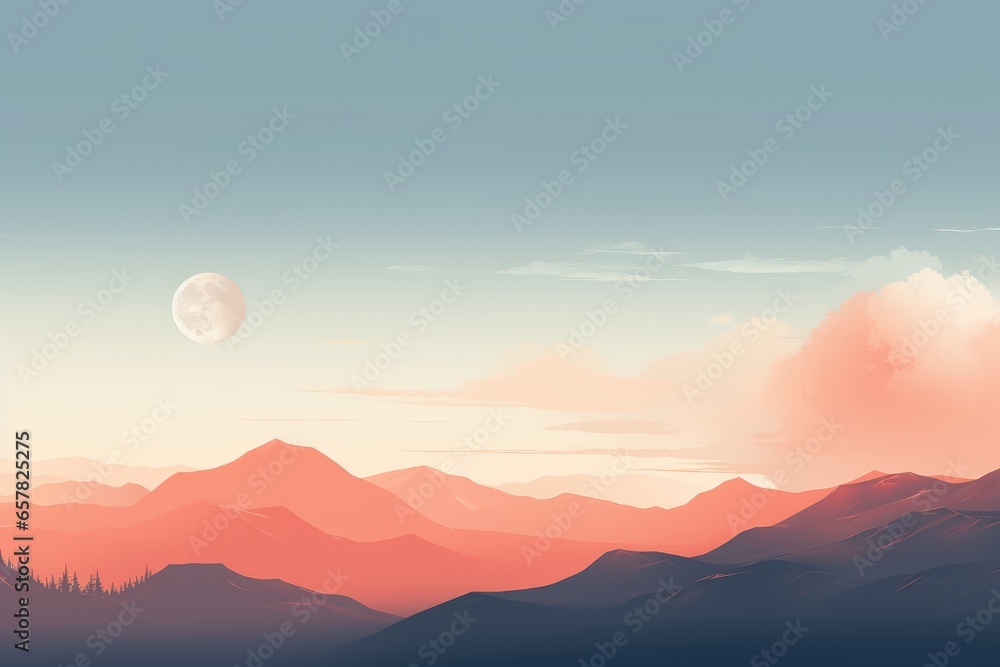 Minimalist landscape with moon, mountains and nature Minimalist landscape with moon, mountains and nature