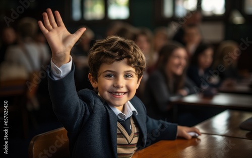 A schoolboy is raising his ...