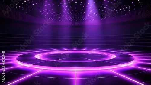 Violet LED Texture Decorated Stage. Photorealistic modern Theater stage. Horizontal Background. Ai Generated Minimalistic Screen Wallpaper.
