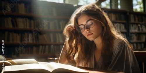 Female Student in Glasses Concentrates Sleepily on Books in a Library, Reflecting the Struggle for Work-Life Balance in a Meritocratic Society photo