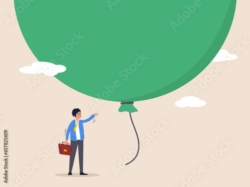 Big debt balloon ready to burst concept. Stock market, crypto currency bitcoin bubble, risk of speculation investment, fearful businessman investor standing under huge big air balloon bubble.