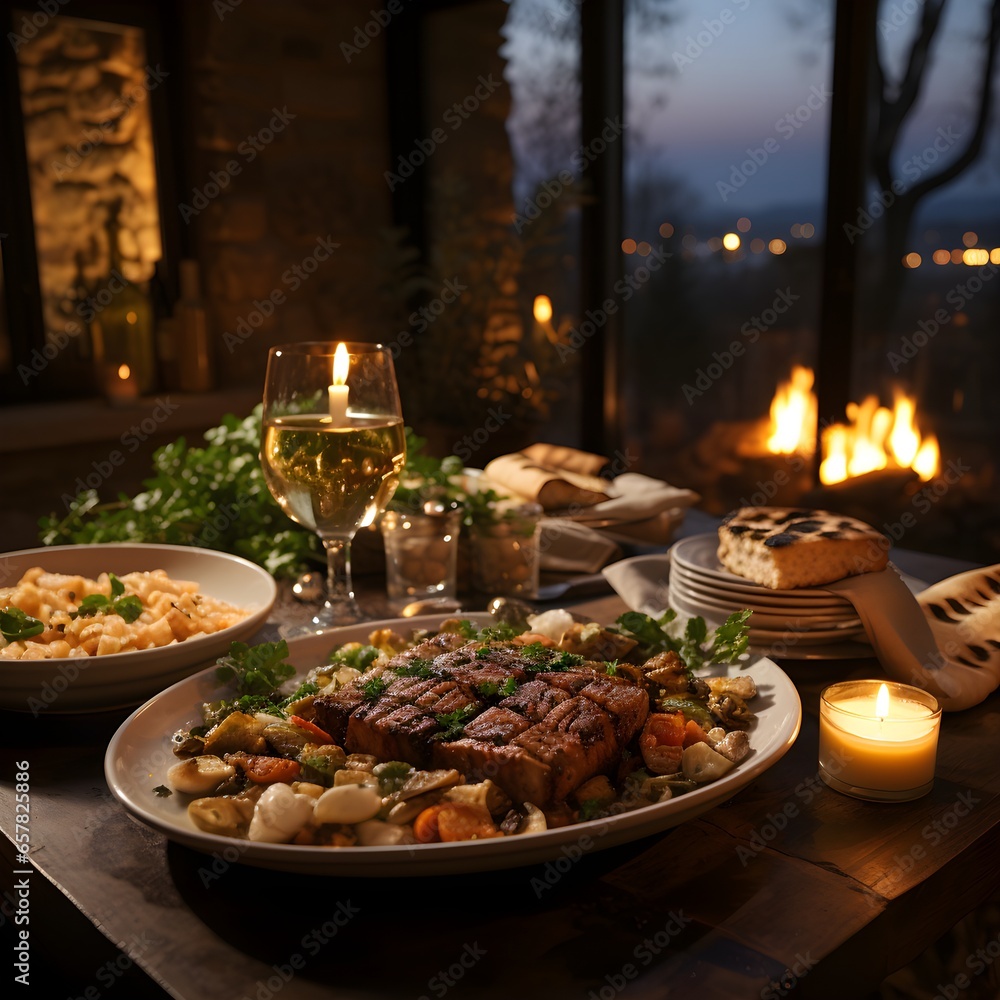 Romantic dinner, Gyros by the fireplace in a cottage Romantic dinner, Gyros by the fireplace in a cottage