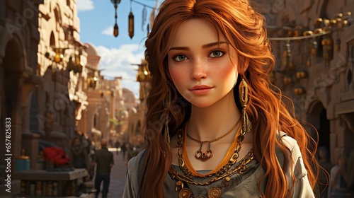 A gorgeous, cute and sad girl with long red hair, freckles, wearing old clothes and jewelry in the middle of the square of the ancient proto city. Close-up, abstract fictional image of AI. photo
