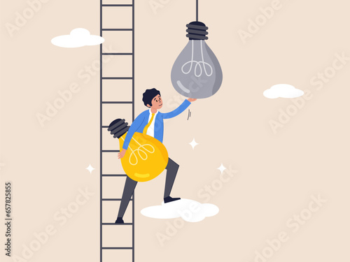 Transform to new business concept. Change to new innovation, solution to disrupt or replace old model with bright technology, success businessman leader climb up ladder to change lightbulb idea.