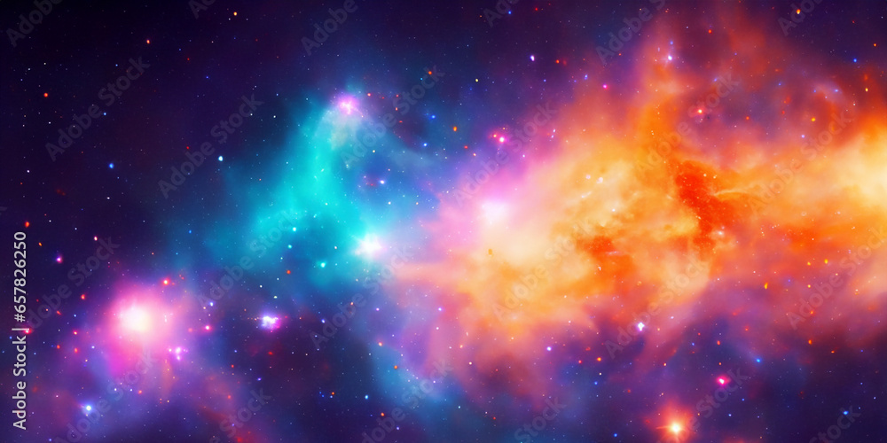 Fototapeta premium Wolken aus leuchtend bunten Galaxien in der Weite des Universums. Strahlende Sonnen und regenbogen farbenes dramatisches Glühen