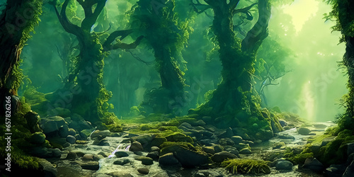 Morgenstimmung und Stille in einem düster magischen alten Wald mit großen knorrigen Bäumen und einem leisen kleinen Bach, der über Steine fließt