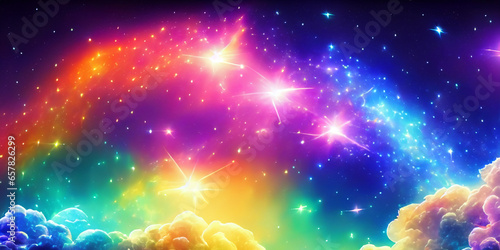 Wolken aus leuchtend bunten Galaxien in der Weite des Universums. Strahlende Sonnen und regenbogen farbenes dramatisches Glühen