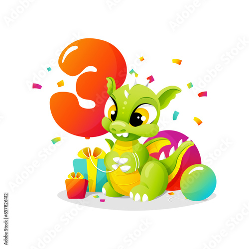 Happy 3rd third Birthday template with little cute cartoon dragon holding balloon as number three. Colorful children illustration. Vector design for kids. Transparent background.
