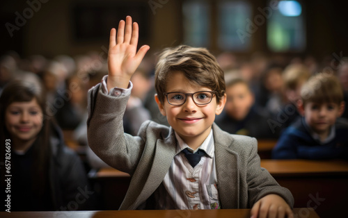 A schoolboy is raising his ...