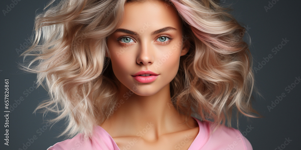 Naklejka premium Hübsche Model Frau mit gefärbten und gelockten Haar und schönen Makeup im Querformat für Banner Nahaufnahme, ai generativ