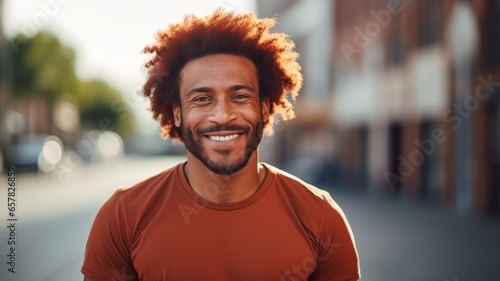 Smiling Adult Black Man with Red Curly Hair Photo. Portrait of Casual Person in City Street. Photorealistic Ai Generated Horizontal Illustration..