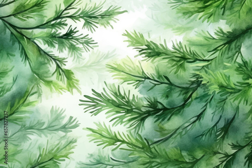 Watercolor Christmas with fir branches background. Generative AI
