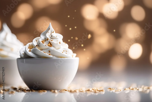 Whipped cream. Meringue swirls in a white bowl. 3d rendering photo