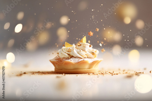 3d rendering of a cake on a white plate with bokeh background