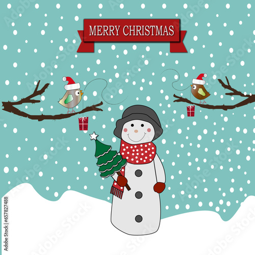 Felicitación de navidad con paisaje nevado y muñeco de nieve.