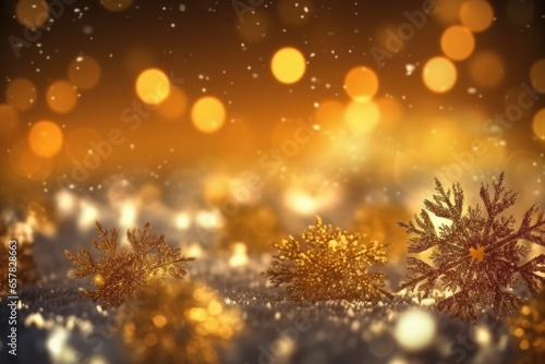 holiday background with blinking stars and falling snowflakes. Blurred bokeh of Christmas lights. Generative AI