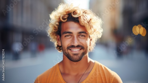 Smiling Adult Indian Man with Blond Curly Hair Photo. Portrait of Casual Person in City Street. Photorealistic Ai Generated Horizontal Illustration.. photo