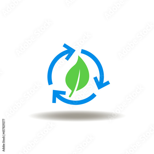 Vector illustration of round recycle arrows and green leaf. Icon of eco tech. Symbol of ecological technological.
