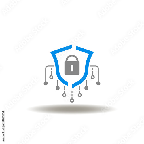 Vector illustration of shield with padlock and circuit pattern. Icon of 2FA Two Factor Authentication. Symbol of data privacy.