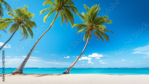 Coconut palm trees against blue sky and beautiful beac. AI Generative.