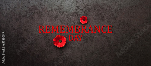 Remembrance Day inscription with Poppy flower on rusty iron background. Decorative flower for Remembrance Day. Memorial Day. Veterans day.
