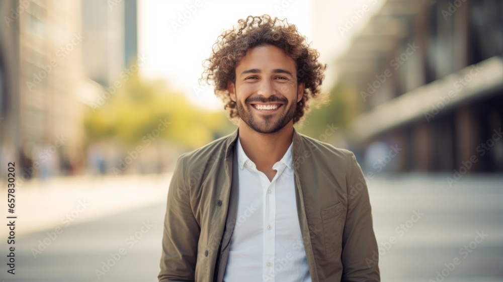 Smiling Adult Latino Man with Blond Curly Hair Photo. Portrait of Casual Person in City Street. Photorealistic Ai Generated Horizontal Illustration.. Smiling Adult Latino Man with Blond Curly Hair Photo. Portrait of Casual Person in City Street. Photorealistic Ai Generated Horizontal Illustration..