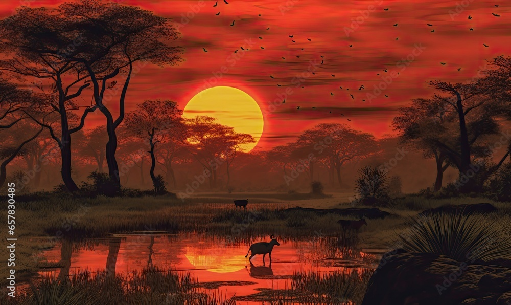red sunset in the savannah - obrazy, fototapety, plakaty 