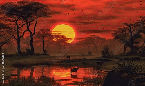 red sunset in the savannah © jambulart