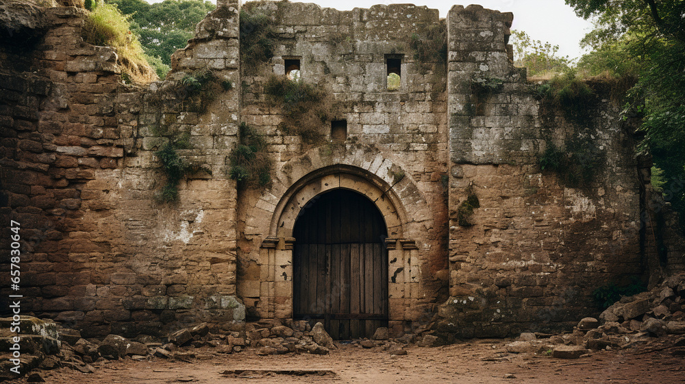 A medieval-style castle gate with a massive, weathered keyhole, telling tales of bygone eras