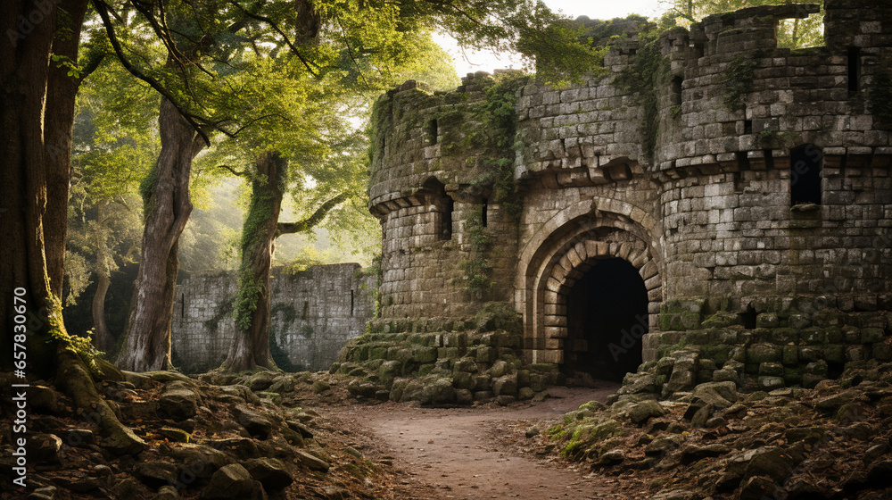 Obraz premium A medieval-style castle gate with a massive, weathered keyhole, telling tales of bygone eras
