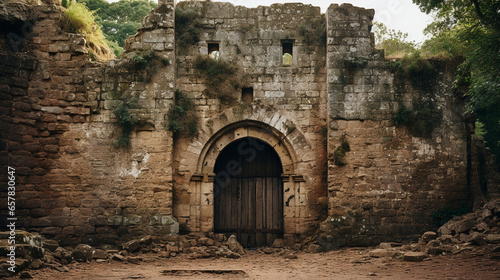 A medieval-style castle gate with a massive  weathered keyhole  telling tales of bygone eras